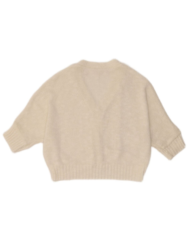 Maglione cardigan a maniche corte corto da donna vintage UK 14 bianco medio