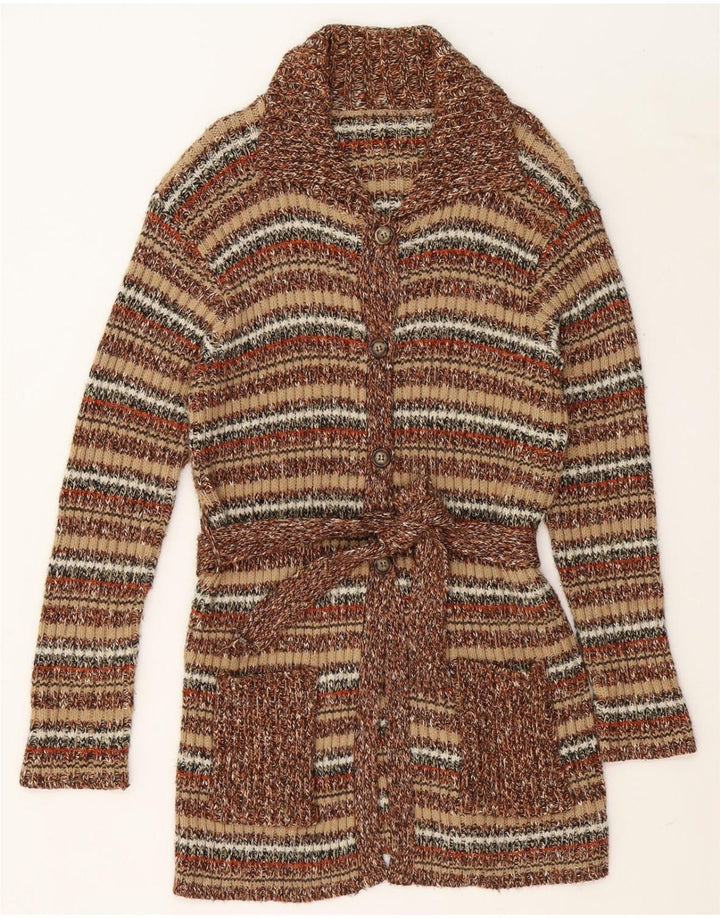 VINTAGE Womens Longline Cardigan Sweater UK 14 Medium Brown Striped Vintage Vintage and Second-Hand Vintage from Messina Hembry 