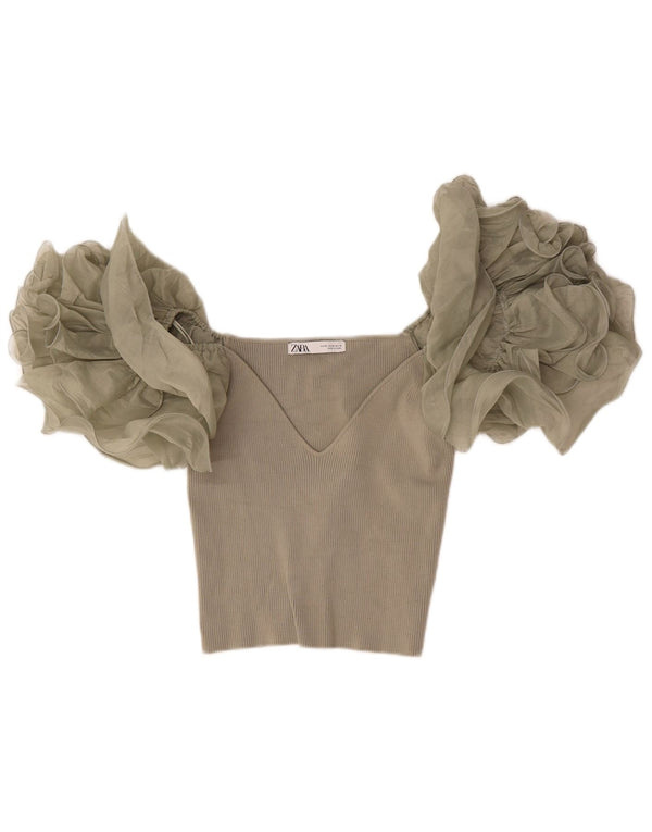 Zara Camicetta corta da donna UK 12 Viscosa beige medio