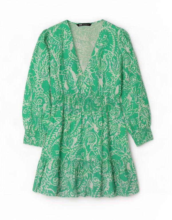Zara Womens Long Sleeve A-Line Dress UK 12 Medium Green Paisley Linen