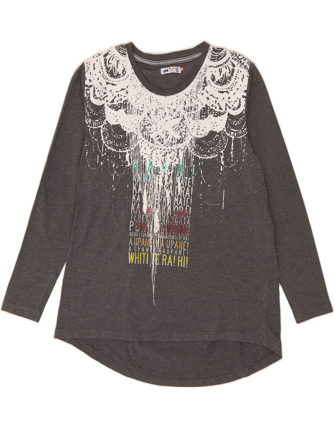 MISTRAL Womens Graphic Top Long Sleeve UK 14 Medium Grey Polyester Vintage Mistral and Second-Hand Mistral from Messina Hembry 