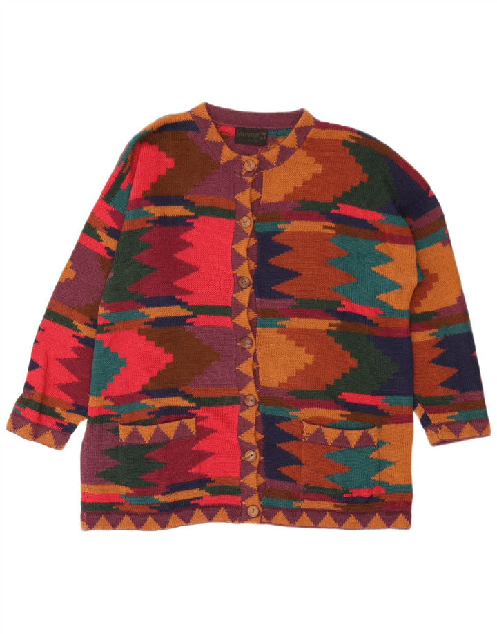 Maglione cardigan da donna vintage UK 14 medio multicolore geometrico