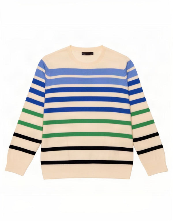 Maglione maglione girocollo da donna Marks & Spencer UK 12 a righe bianche medie