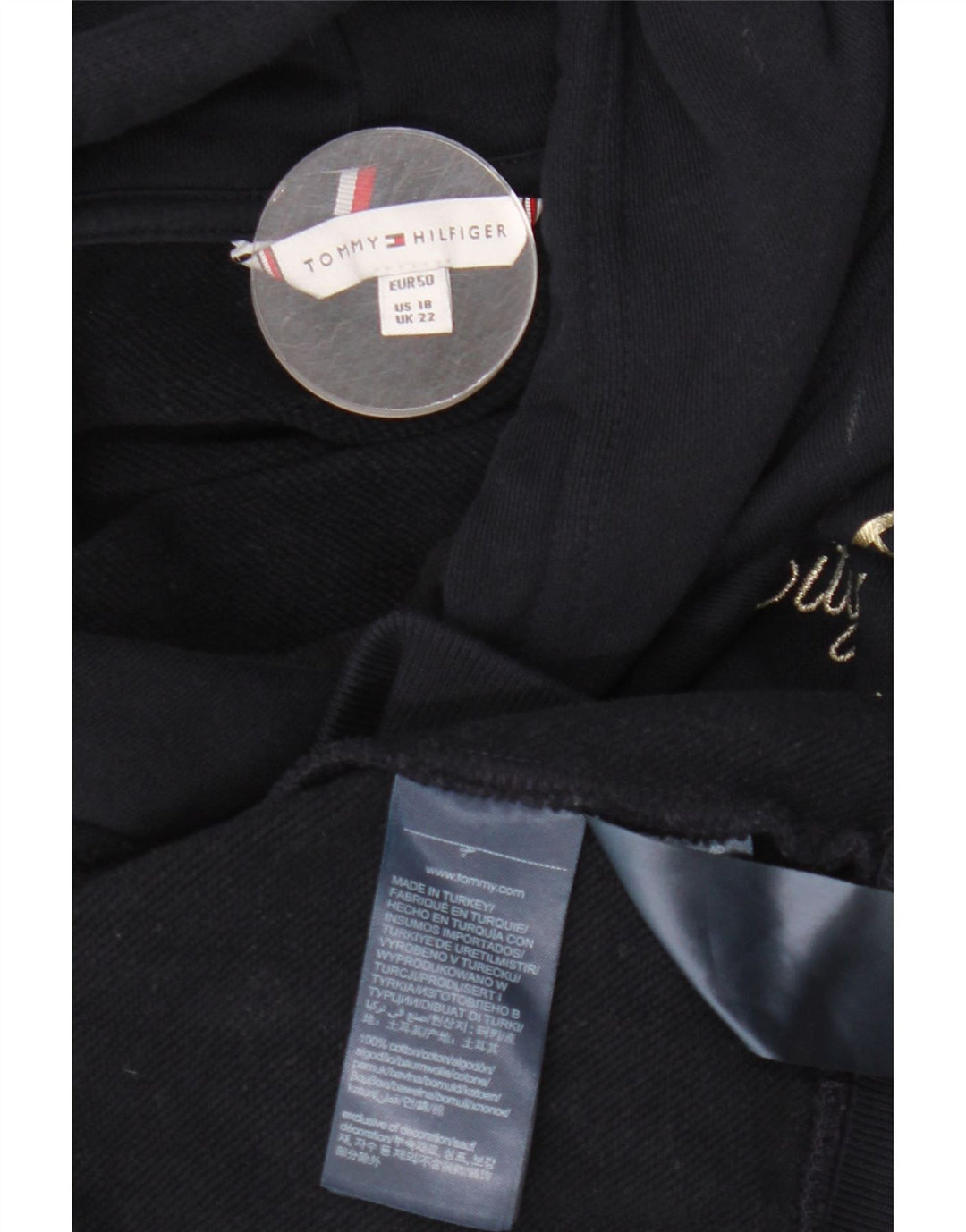 TOMMY HILFIGER Maglione con cappuccio grafico da donna UK 22 3XL Cotone blu navy