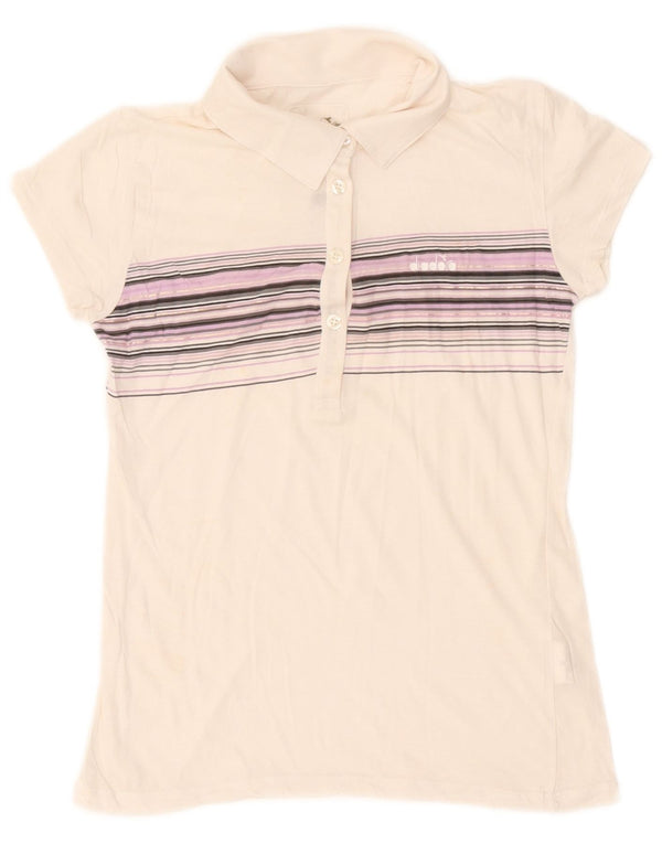 Diadora Womens Polo Shirt UK 10 Small White Striped Cotton