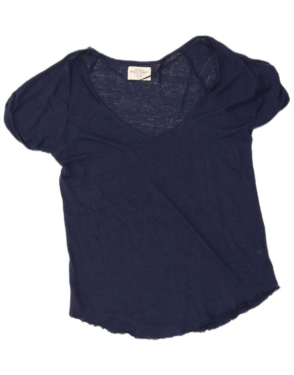 T-shirt da donna Zara Top UK 16 grande lino blu navy