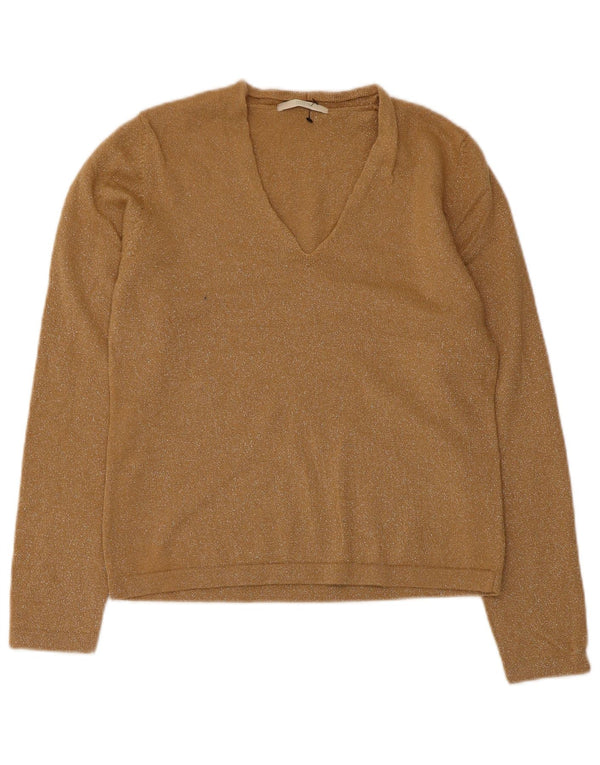 Maglione maglione con scollo a V da donna Marks & Spencer UK 16 Lana chiazzata beige grande