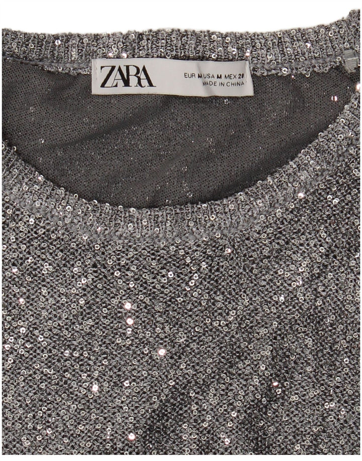Maglione maglione girocollo da donna Zara UK 12 medio argento chiazzato