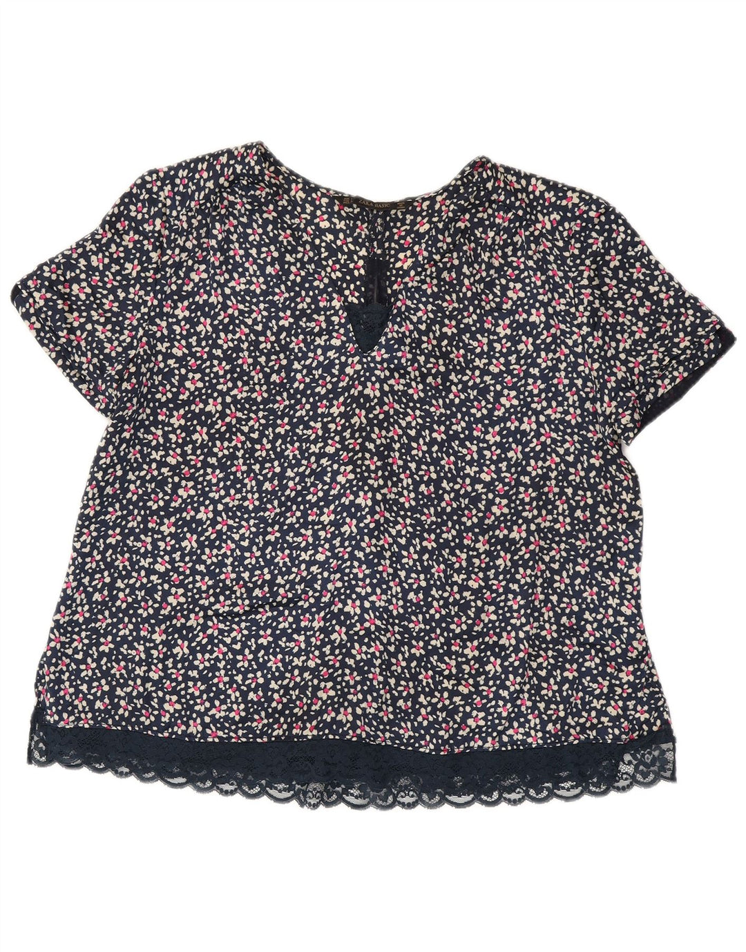 ZARA Camicetta da Donna Top UK 16 Grande Blu Navy Floreale