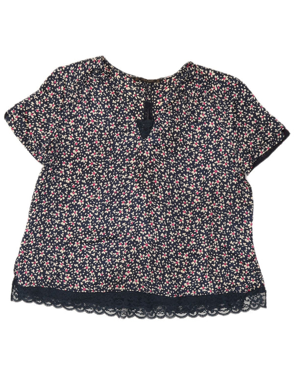 ZARA Camicetta da Donna Top UK 16 Grande Blu Navy Floreale