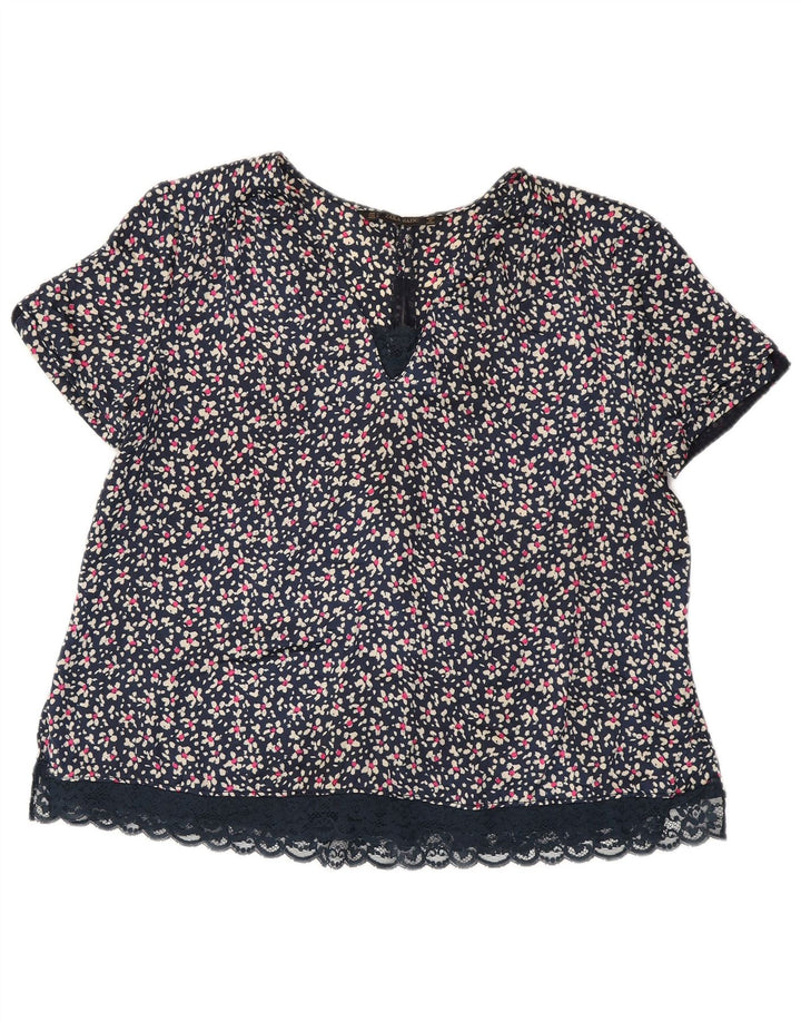 ZARA Camicetta da Donna Top UK 16 Grande Blu Navy Floreale