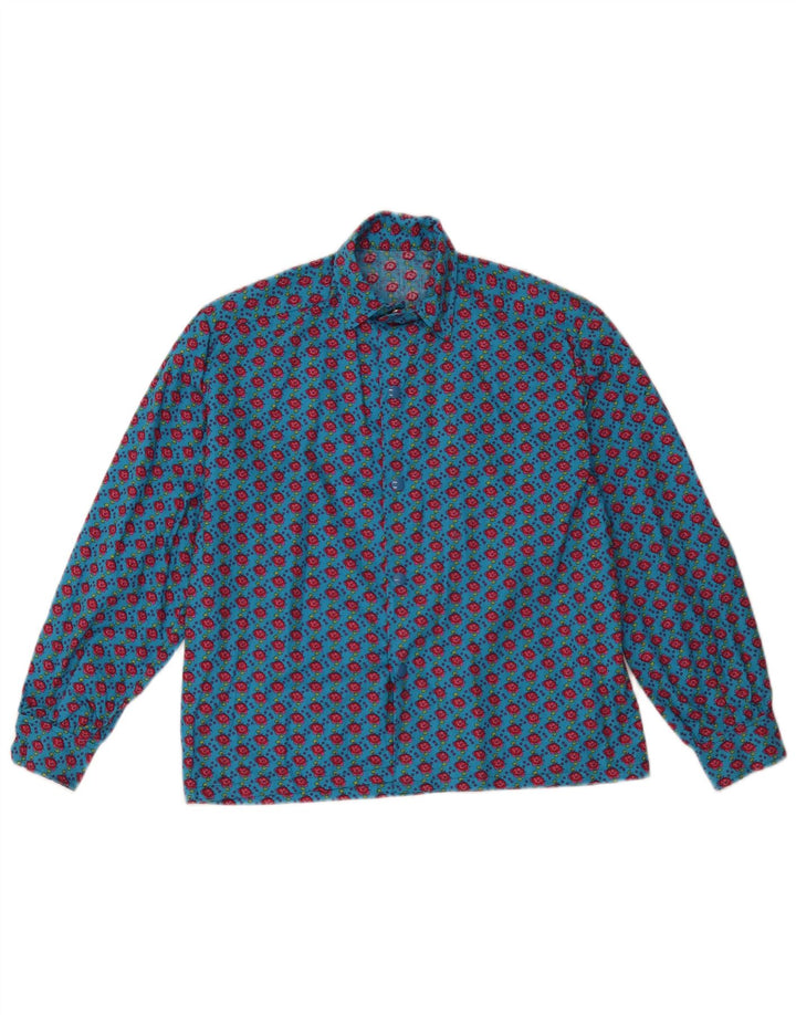 Camicetta camicia vintage da donna UK 12 blu medio floreale