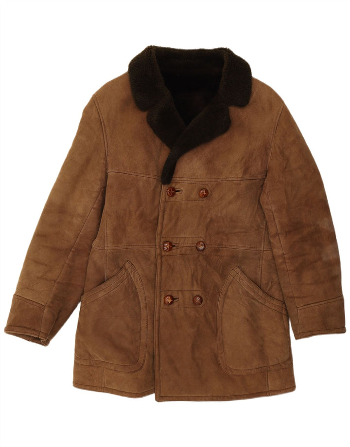 Giacca in shearling doppio petto da uomo vintage UK 36 piccola marrone