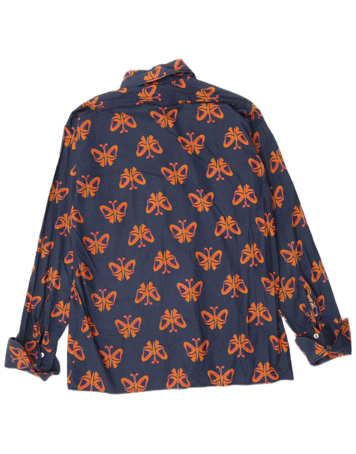 Camicia vintage da uomo con motivo astratto, grande farfalla in cotone blu navy