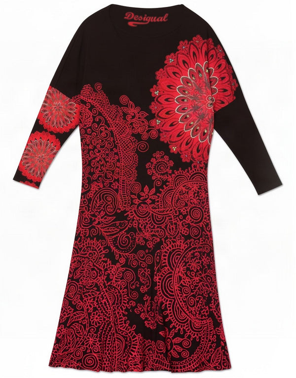 Desigual Abito a trapezio da donna a maniche lunghe UK 14 Viscosa floreale nera media