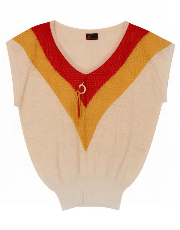 Vintage Womens Vest Tank Top UK 10 Small White Colourblock Cotton