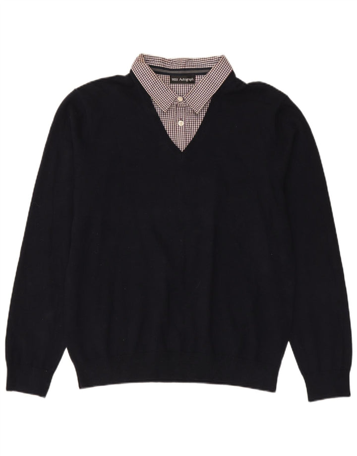 Maglione da uomo con scollo a V autografo Marks & Spencer grande in cotone blu navy