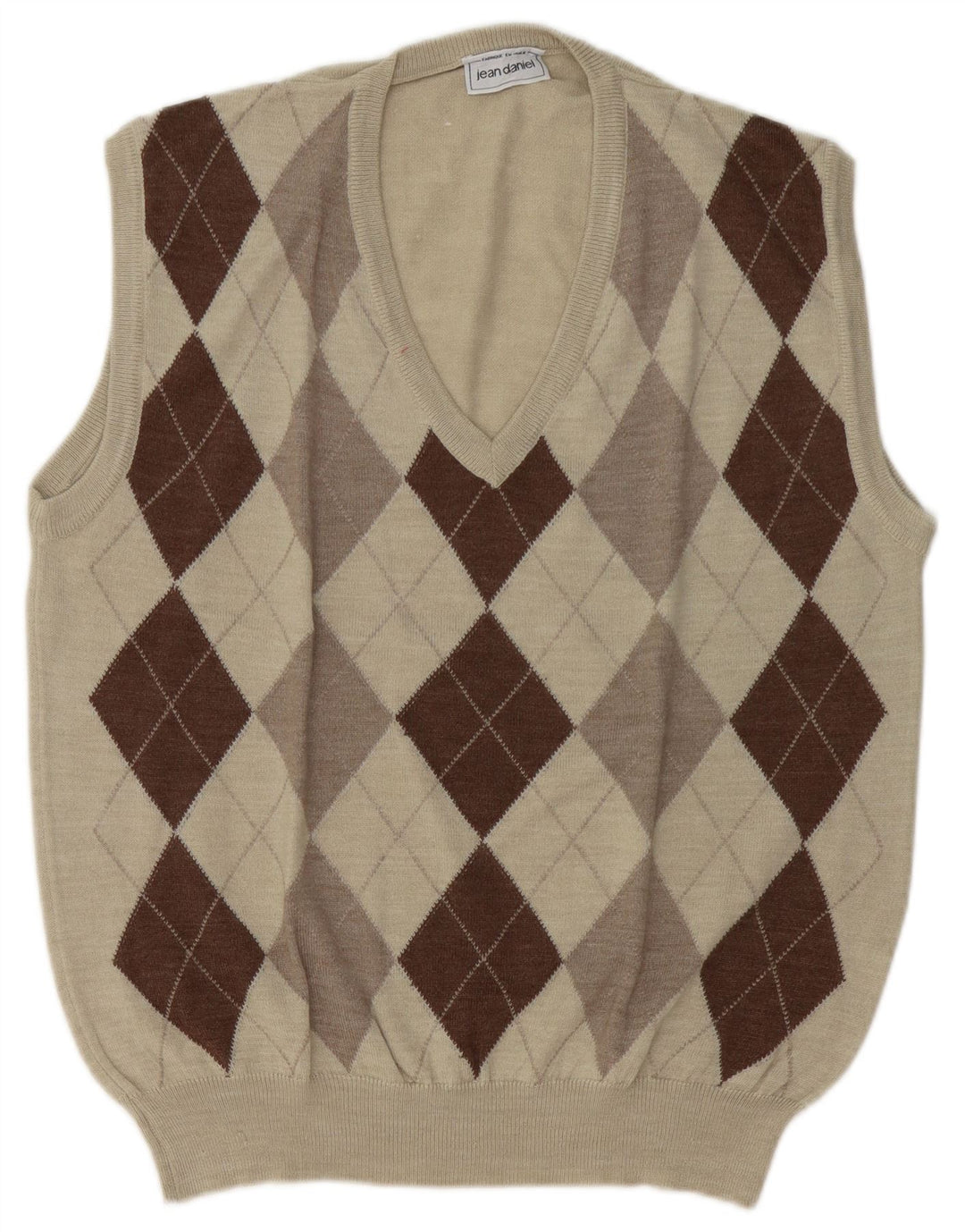Canottiera vintage da uomo, canotta grande beige a rombi/acrilico con diamanti