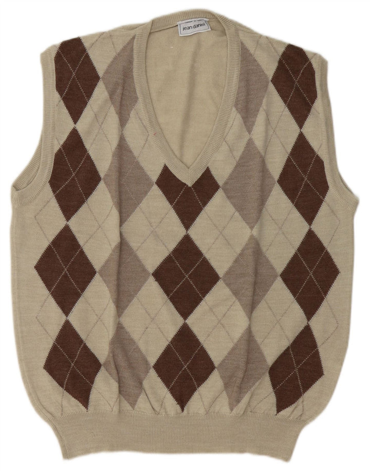 Canottiera vintage da uomo, canotta grande beige a rombi/acrilico con diamanti