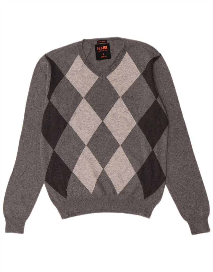 Maglione da uomo con scollo a V Sun68 piccolo cotone grigio a rombi/diamante