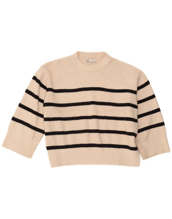 Maglione girocollo da donna con maniche a 3/4 Zara UK 18 XL a righe bianco sporco