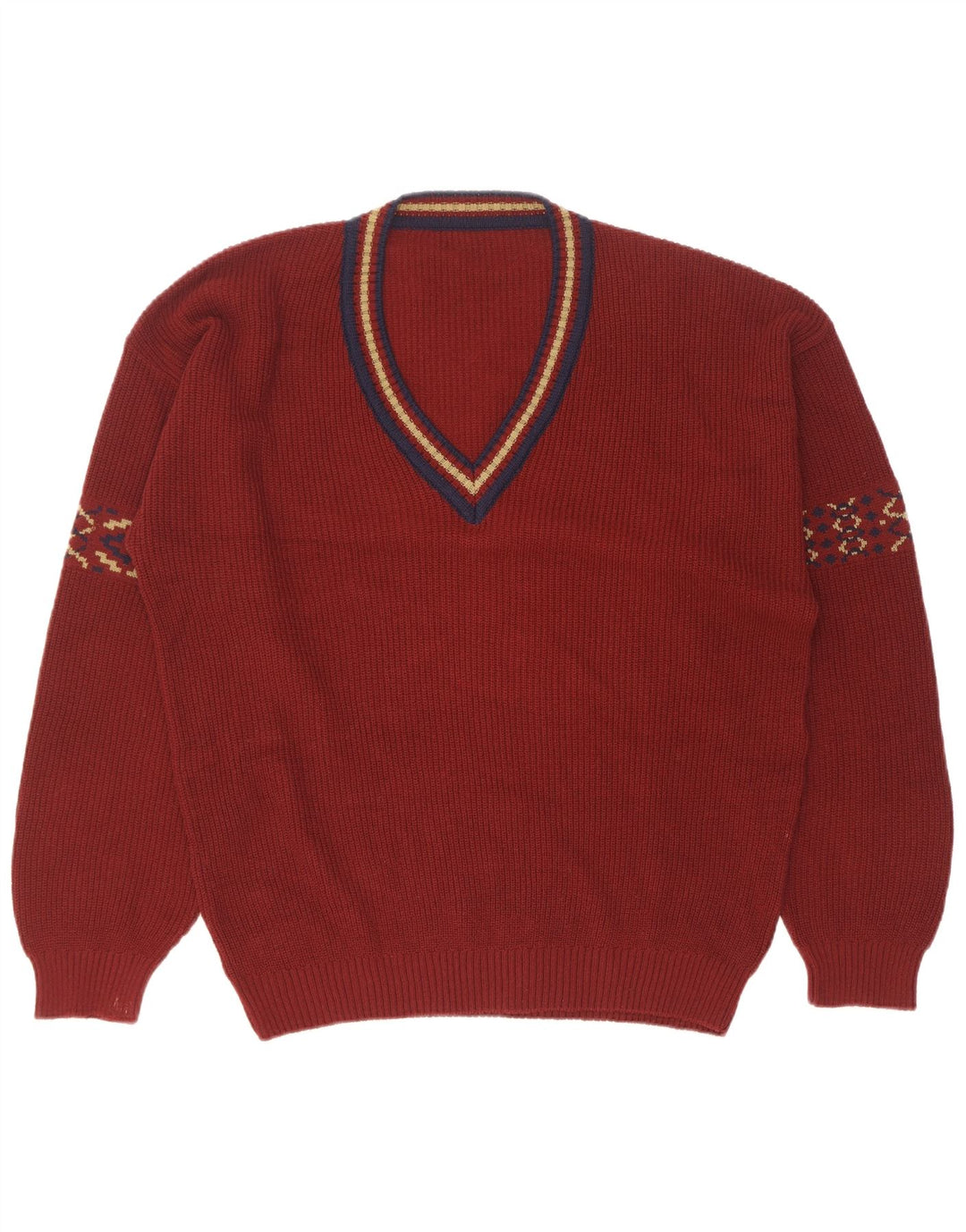 Maglione vintage da uomo con scollo a V taglia 50 cotone geometrico marrone medio