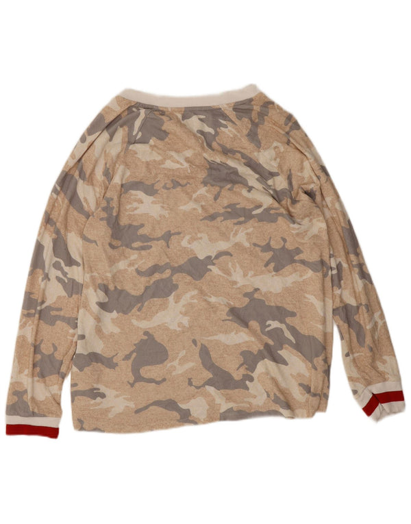 Dkny Top grafico da donna a maniche lunghe UK 16 Large Beige Camouflage Poliestere