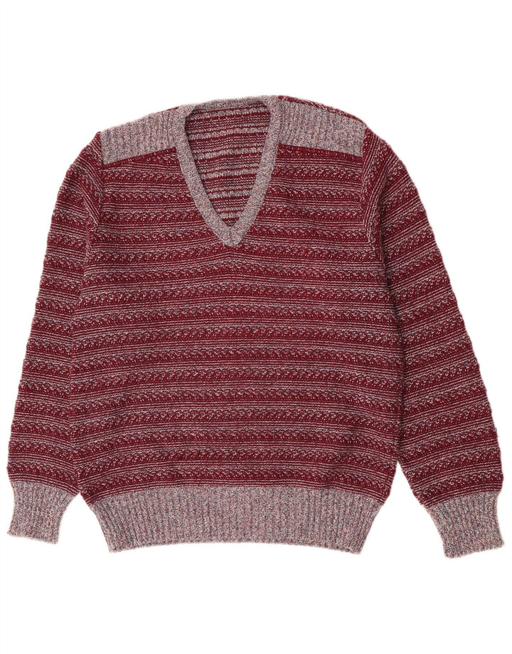 Rio Mens V-Neck Jumper Sweater IT 50 Medium Maroon Striped Polyacrylic