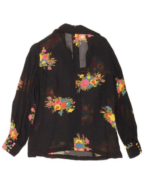 Top vintage da donna a maniche lunghe trasparente trasparente UK 14 medio nero floreale