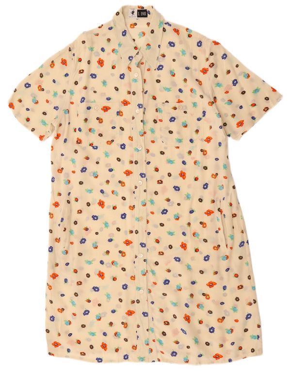 Abito chemisier vintage da donna a maniche corte IT 46 grande motivo floreale beige