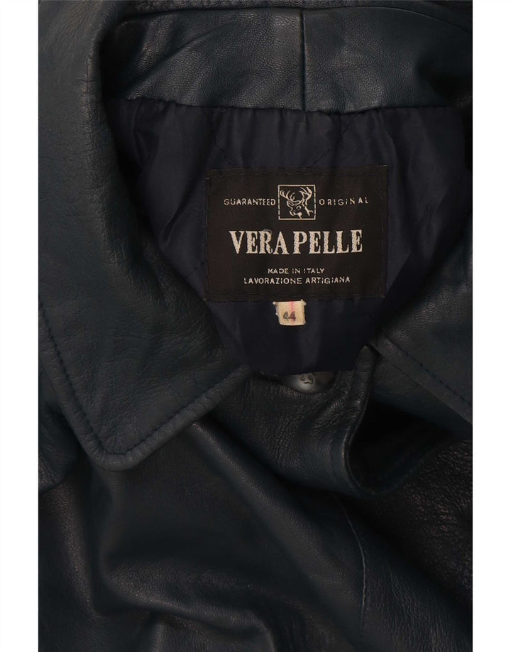 Cappotto oversize in pelle vintage da donna IT 44 blu navy medio