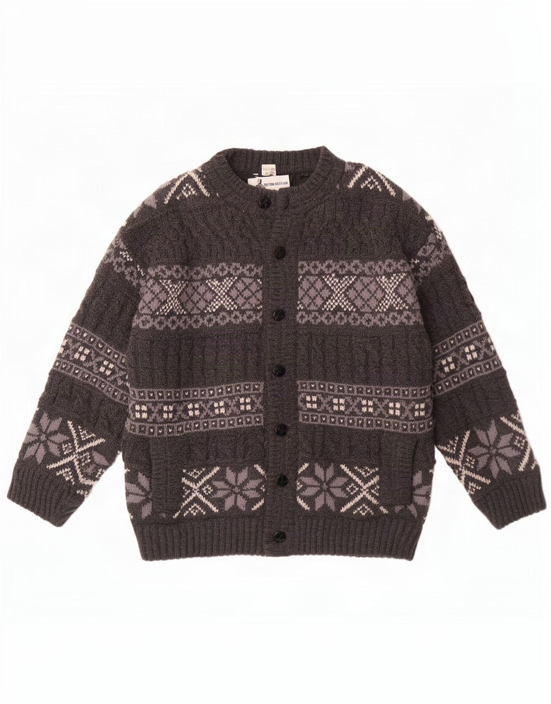 Maglione cardigan vintage da uomo grande lana Fair Isle grigia
