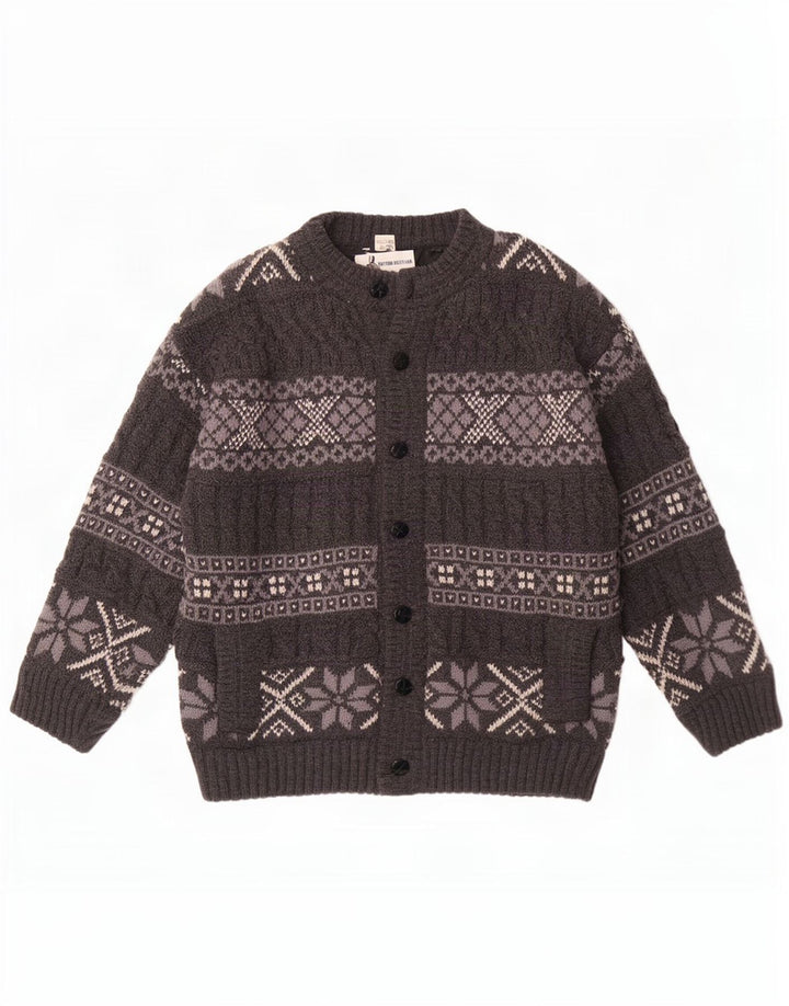 Maglione cardigan vintage da uomo grande lana Fair Isle grigia