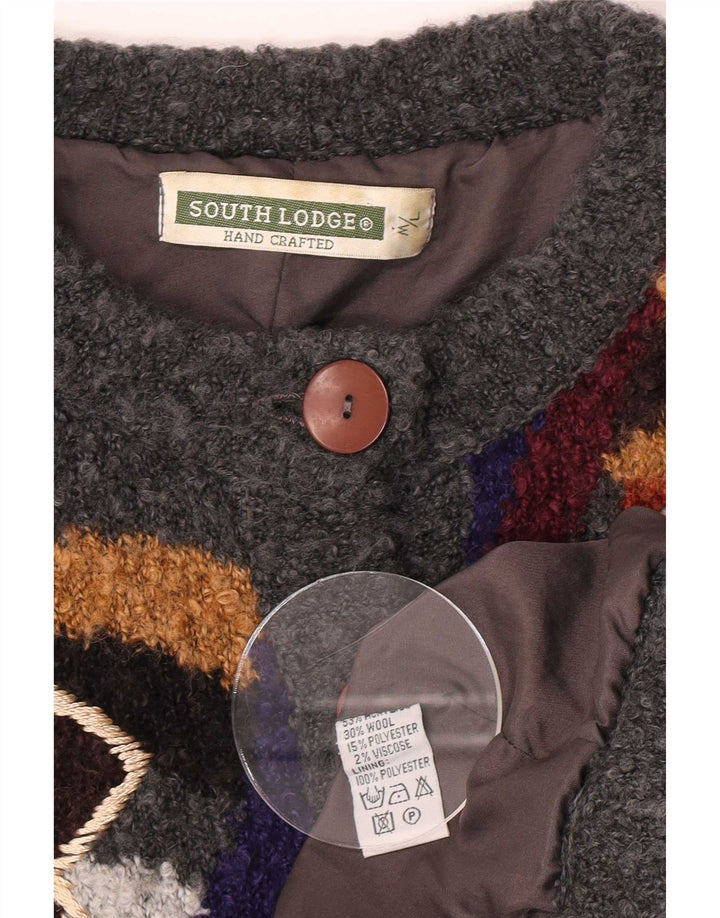 Maglione cardigan lungo da donna vintage UK 14 Patchwork grigio medio