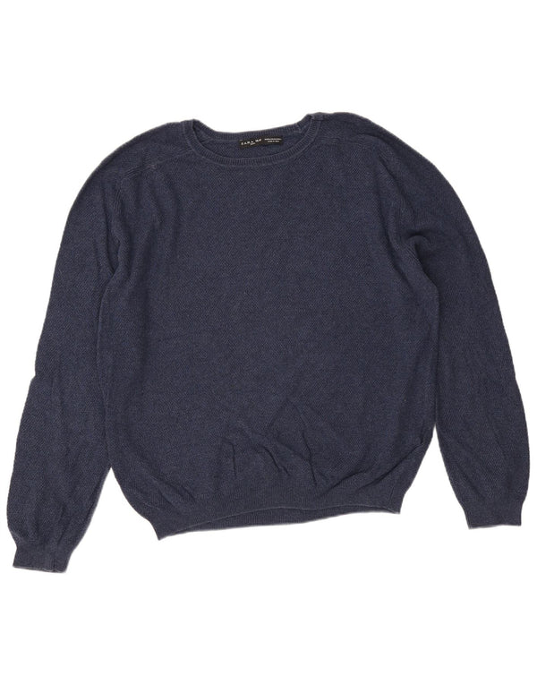 Zara Mens Crew Neck Jumper Sweater XL Navy Blue Cotton