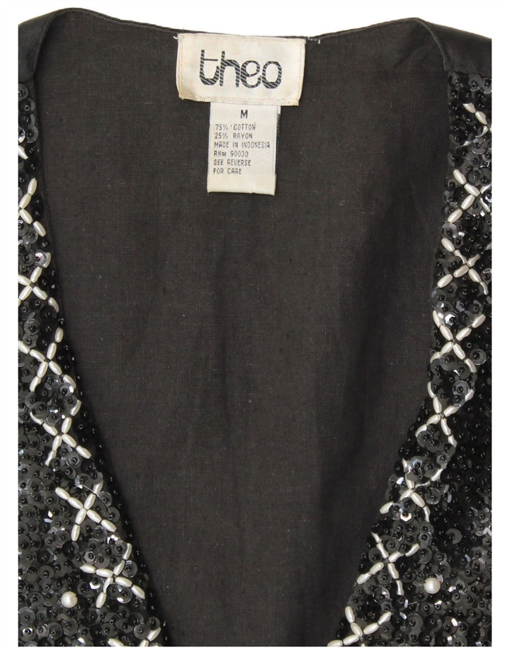 Gilet con paillettes da donna VINTAGE UK 14 cotone nero medio anni '80