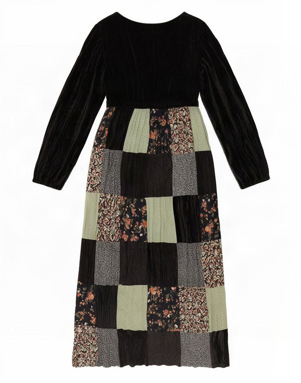 Abito lungo in velluto a maniche lunghe da donna Onyx, taglia unica, in viscosa patchwork nera