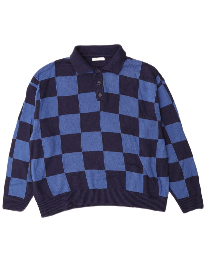 ZARA Maglione da Uomo con Collo Alto in Cotone a Quadri Grandi Blu