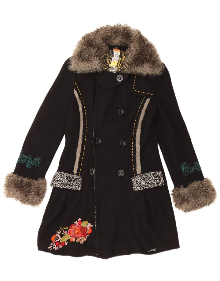 Desigual Cappotto doppiopetto grafico da donna EU 36 Piccolo lana floreale nera