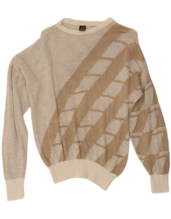 Maglione maglione vintage da donna con scollo a barca UK 16 Grande beige geometrico
