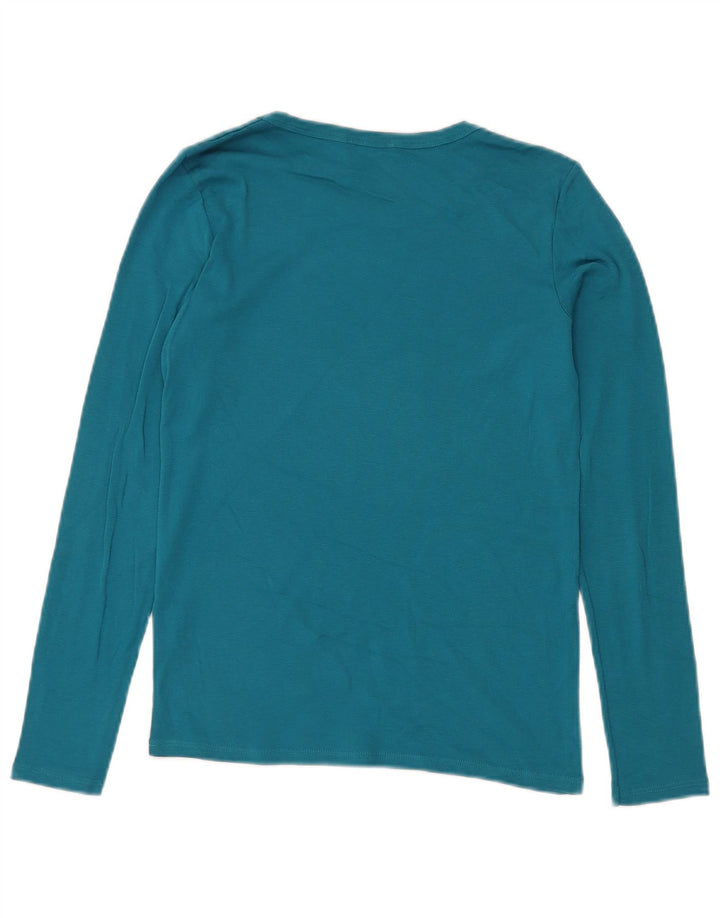 BENETTON Top grafico da donna a maniche lunghe UK 10 piccolo cotone blu