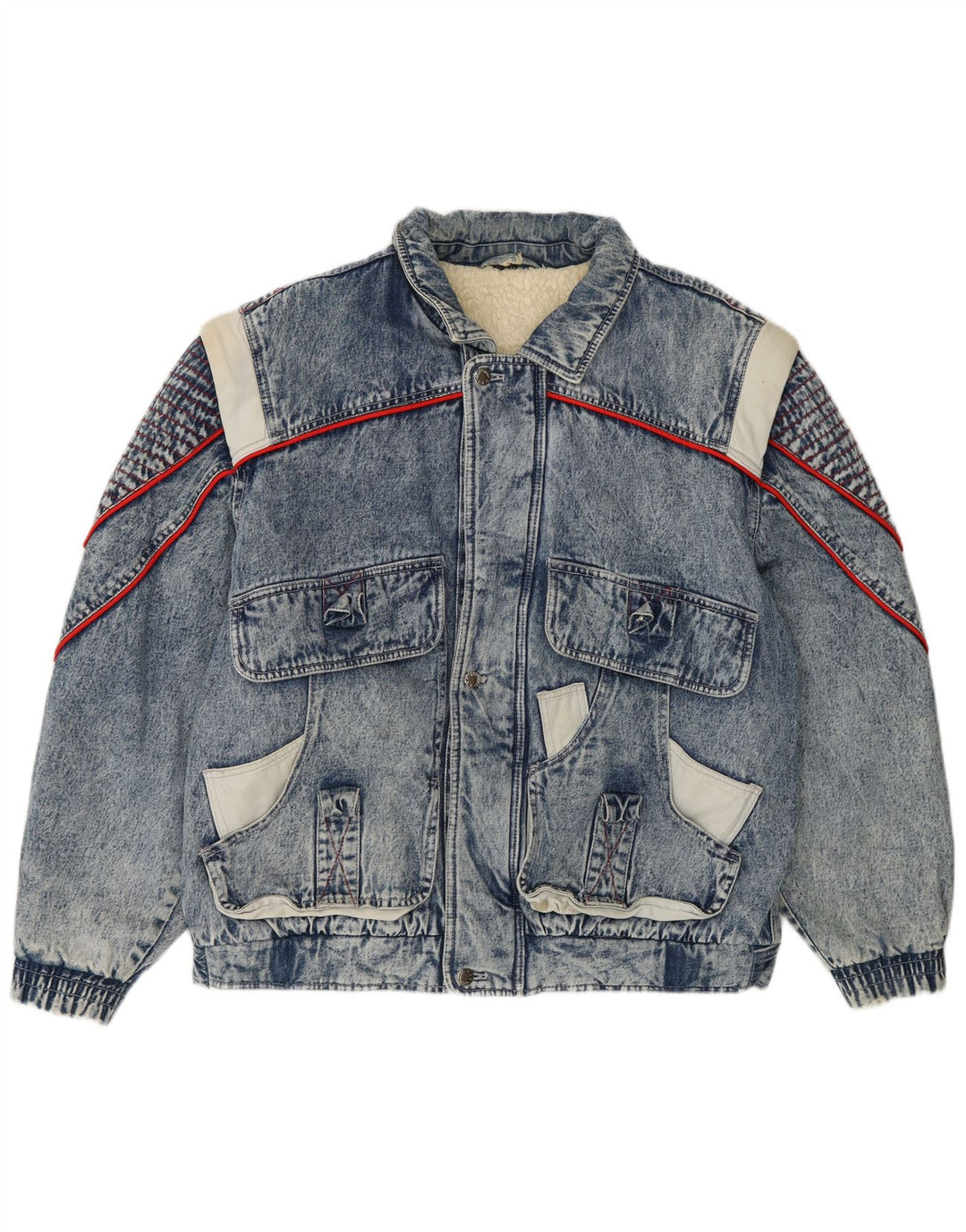 Giacca vintage in denim Sherpa da uomo IT 48/50 in cotone color block blu medio
