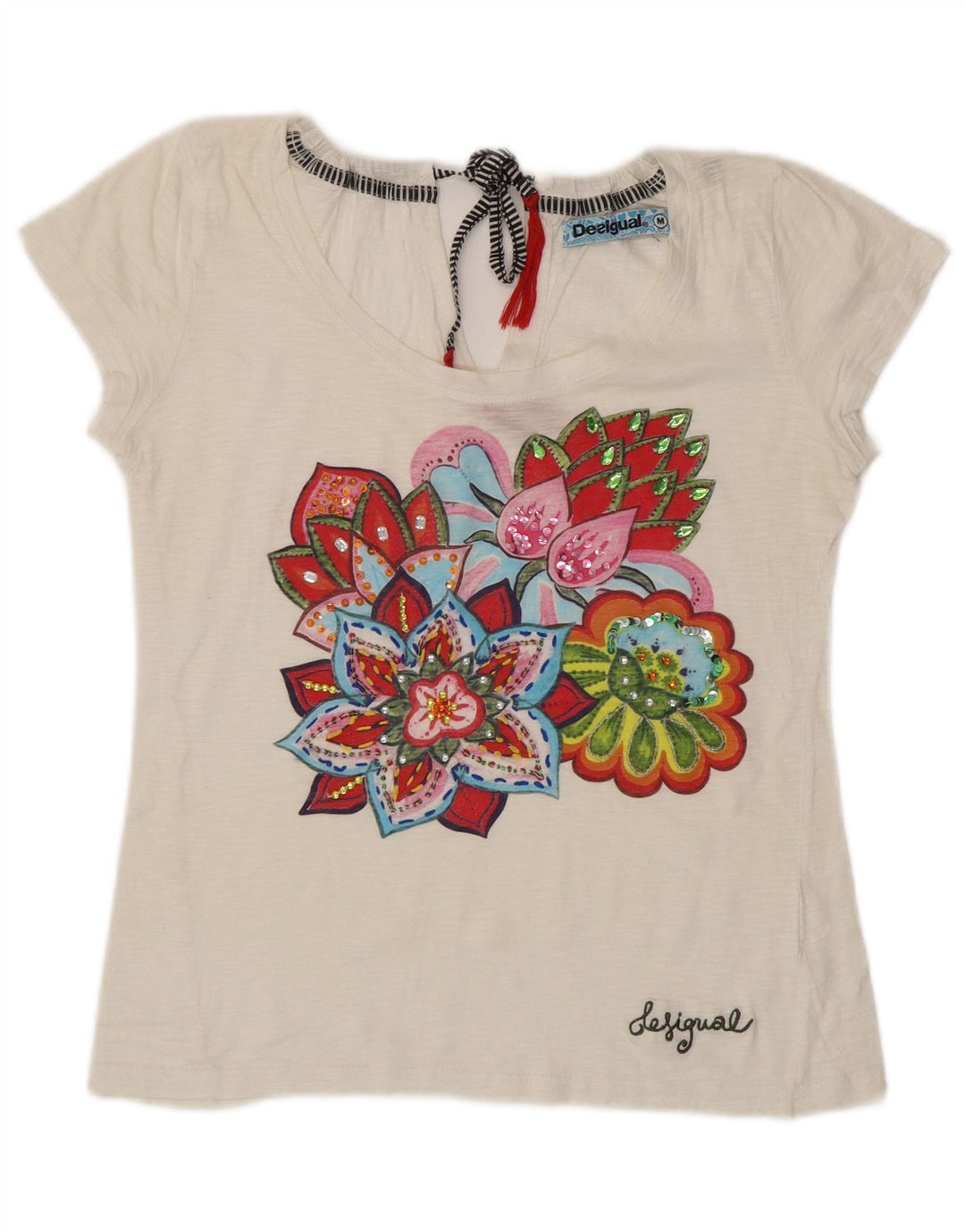 DESIGUAL T-shirt grafica da donna Top UK 12 Medium White Floral