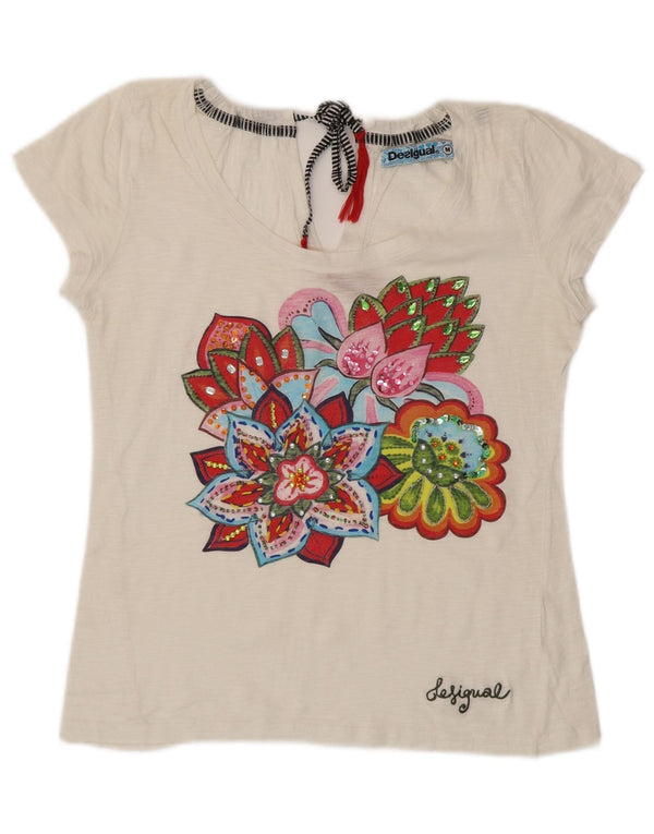 DESIGUAL T-shirt grafica da donna Top UK 12 Medium White Floral