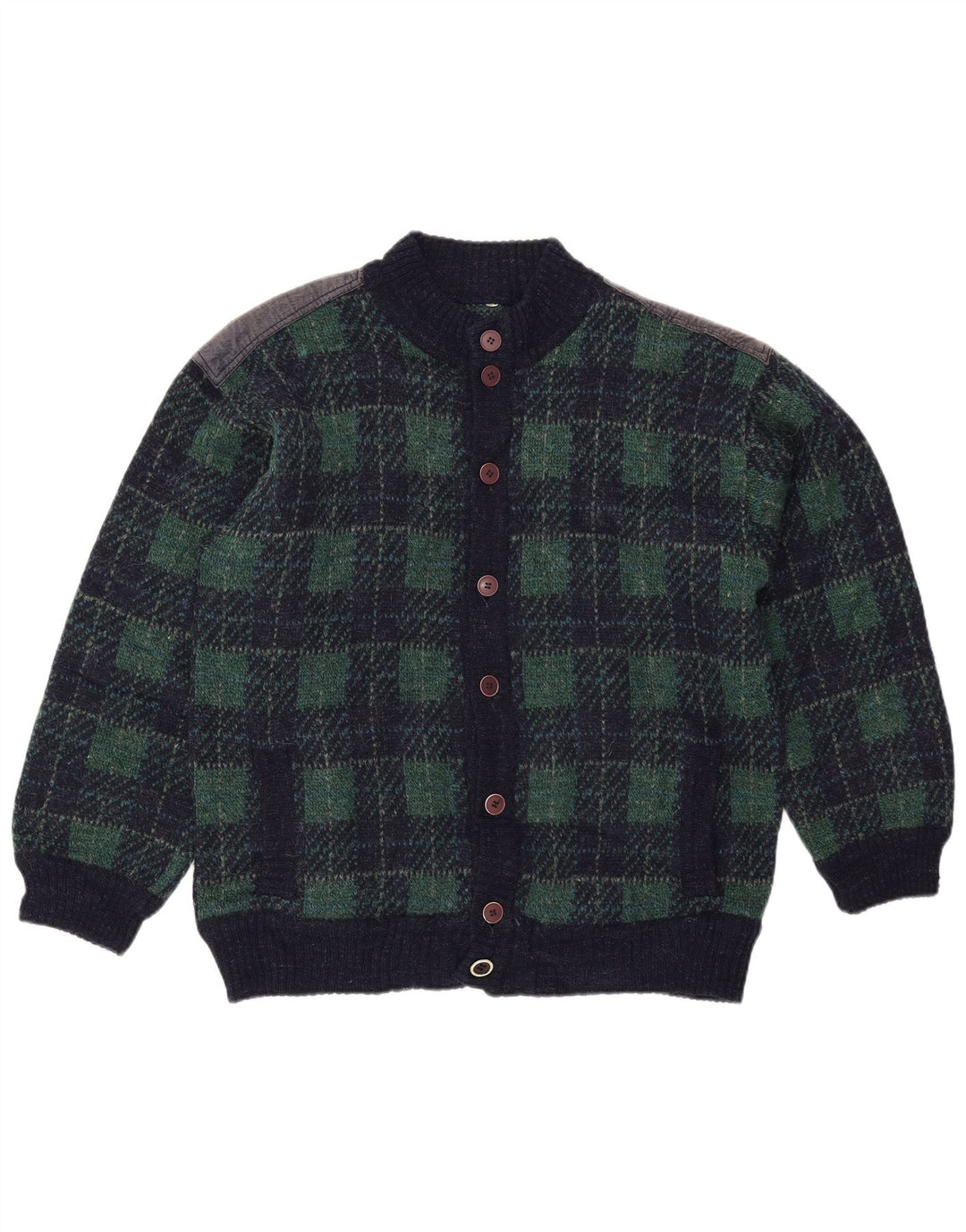 Maglione cardigan da uomo vintage IT 54 XL Lana a quadri blu navy