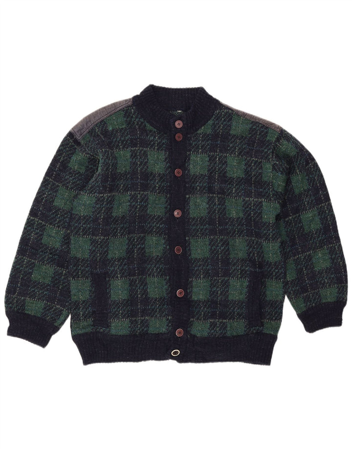 Maglione cardigan da uomo vintage IT 54 XL Lana a quadri blu navy