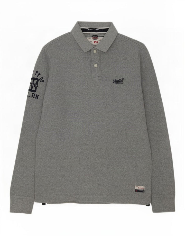 Polo da uomo a maniche lunghe con grafica Superdry Large in cotone grigio