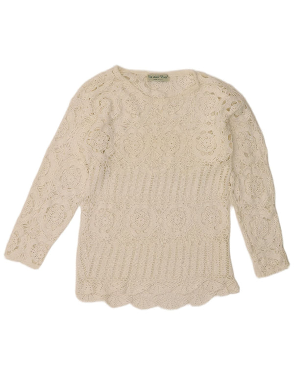 Camicetta vintage da donna lavorata all'uncinetto in maglia UK 10 piccolo floreale bianco