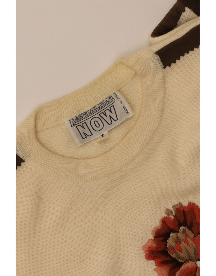 PANCALDI & B Maglione maglione girocollo da donna UK 16 Grande motivo floreale bianco sporco