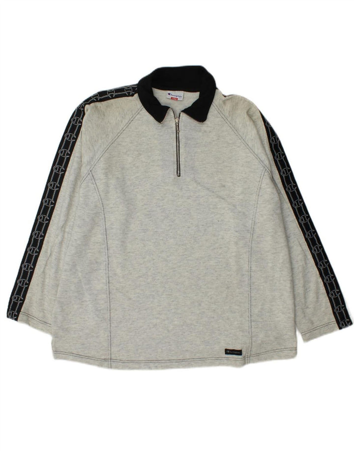 CHAMPION Mens Graphic Zip Neck Sweatshirt Jumper Large Grey Cotton